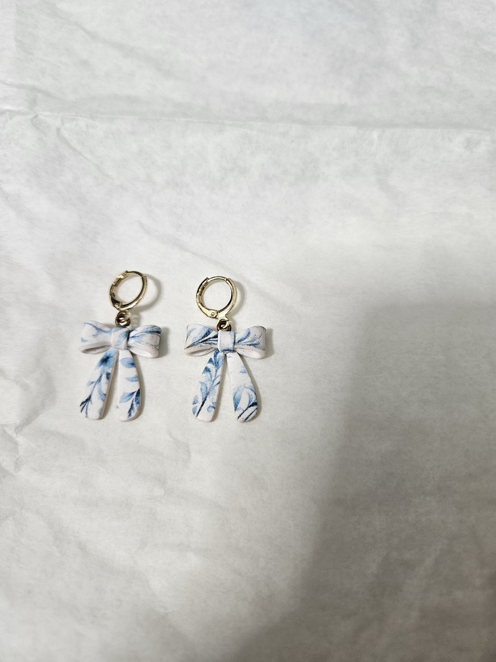 Handmade Blue and White Floral Bow Hoop Earrings